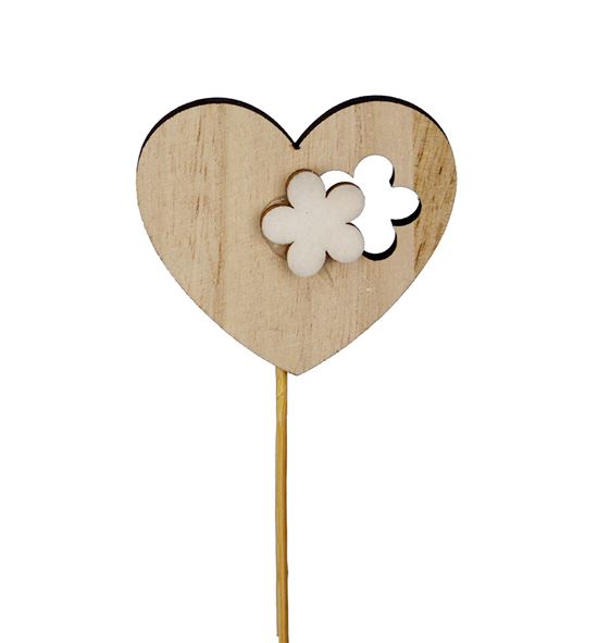 Pick hart bloem hout blanco 6cm - PICHEAWOOFLO