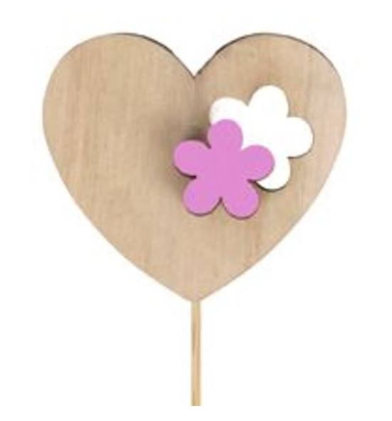 Pick hart bloem hout rosa 6cm - PICHARBLOHOUR6