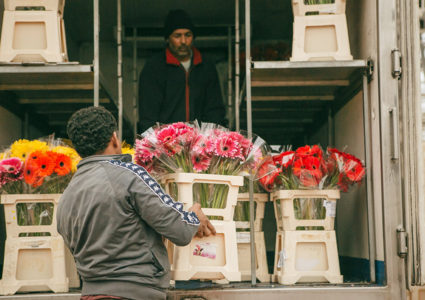 Hombre cargando un camión con una caja de flores cortadas